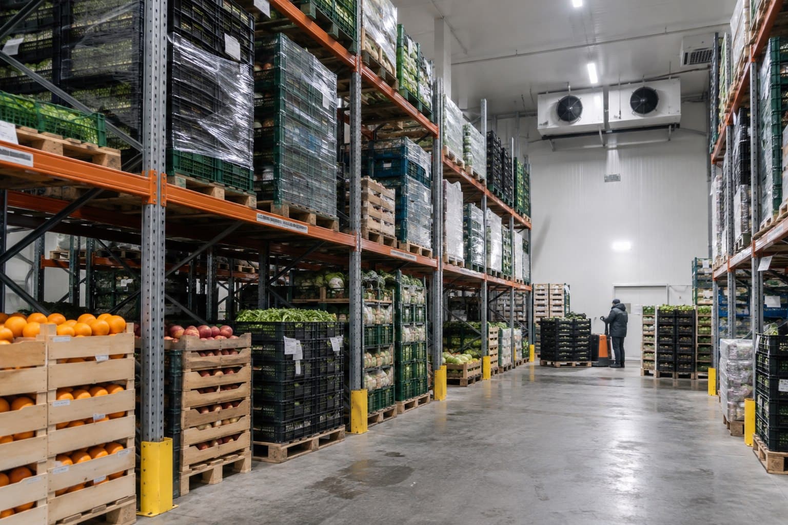 Chilled produce warehouse with fruit and vegetable crates on pallet racks