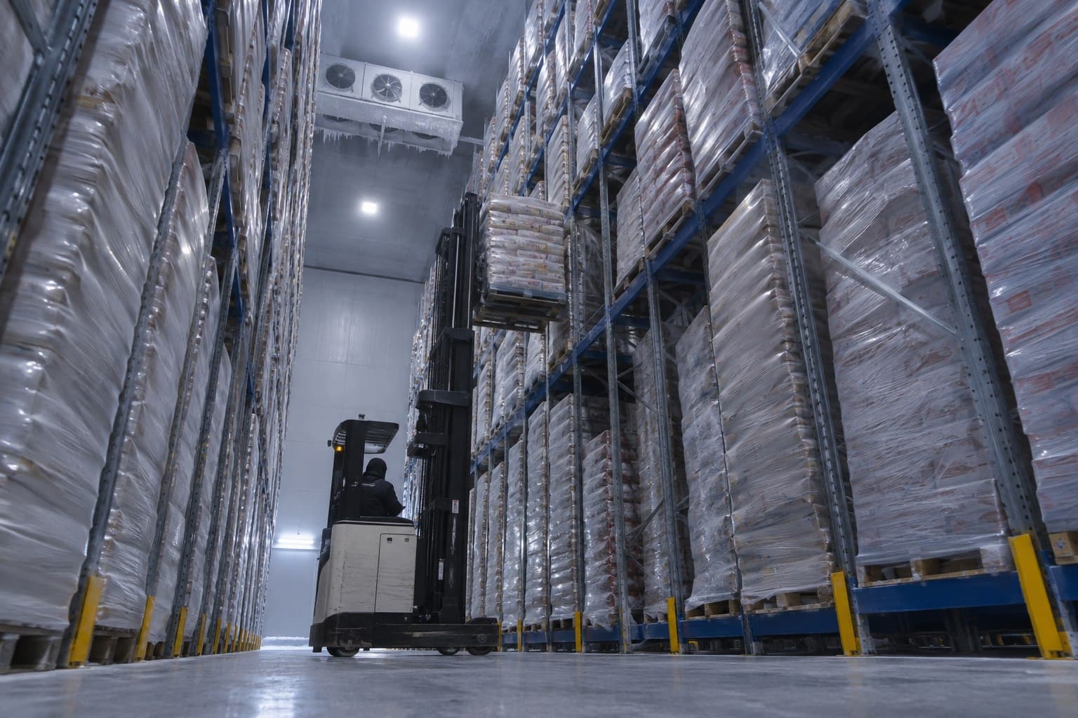 Deep-freeze high-bay warehouse with wrapped frozen-food pallets and reach truck
