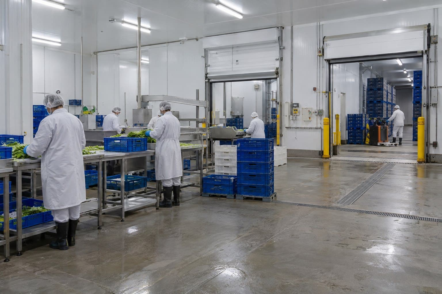 Hygienic chilled food processing and pre-cooling area connected to cold rooms