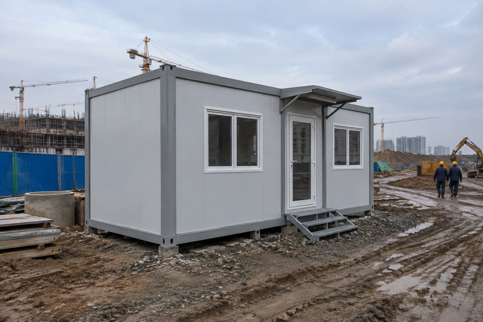 Single modular site office with windows, entrance canopy and steps beside an active construction project