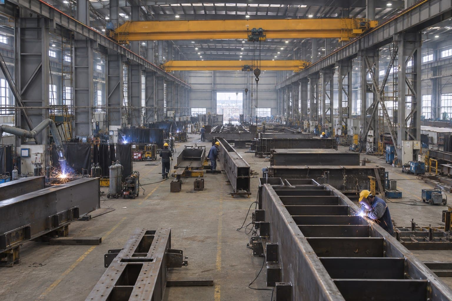 Heavy multi-span steel factory with overhead cranes and large fabrication bays