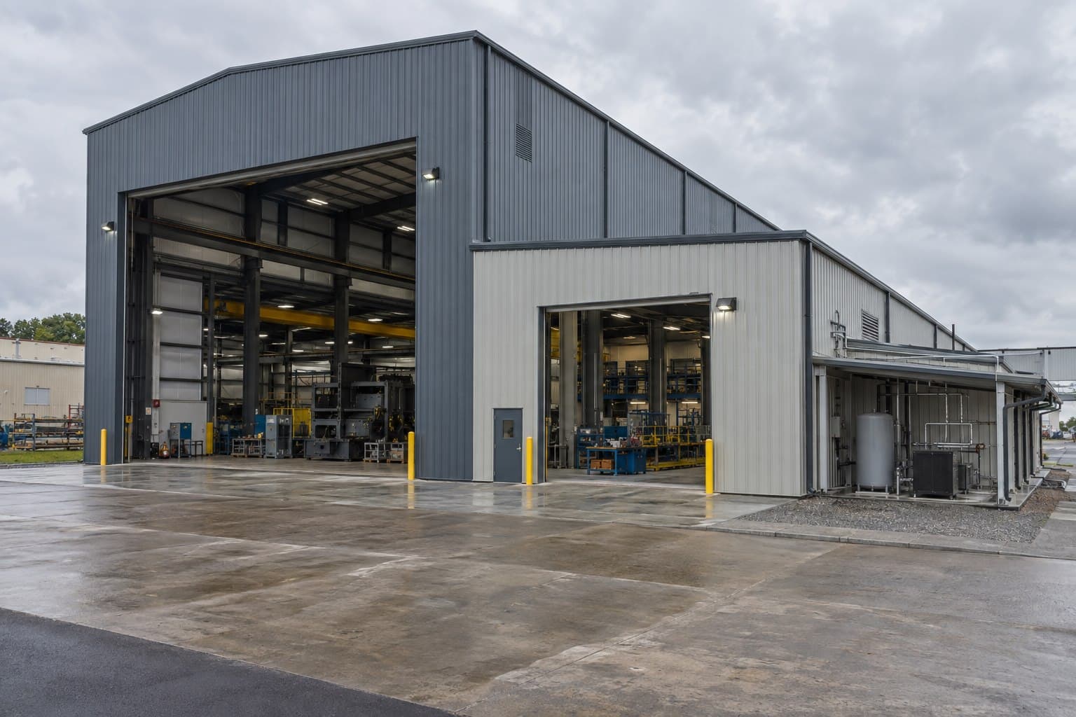 Industrial factory with high and low roof spans serving different process zones