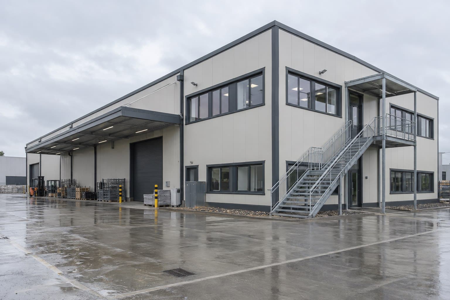 Two-storey industrial steel factory with production hall and office facilities