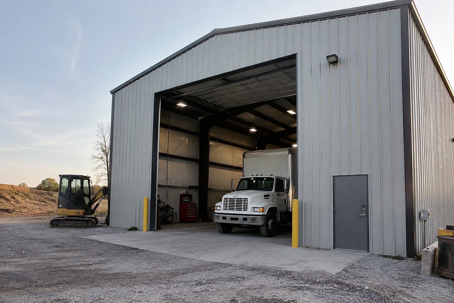 Tall-clearance steel garage accommodating a box truck and equipment