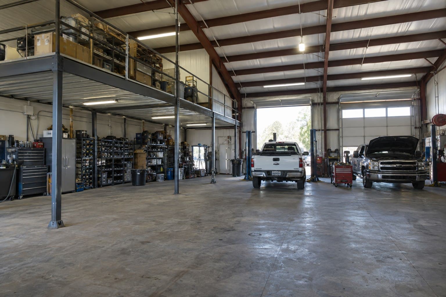 Garage workshop interior with vehicle bays and a parts storage mezzanine