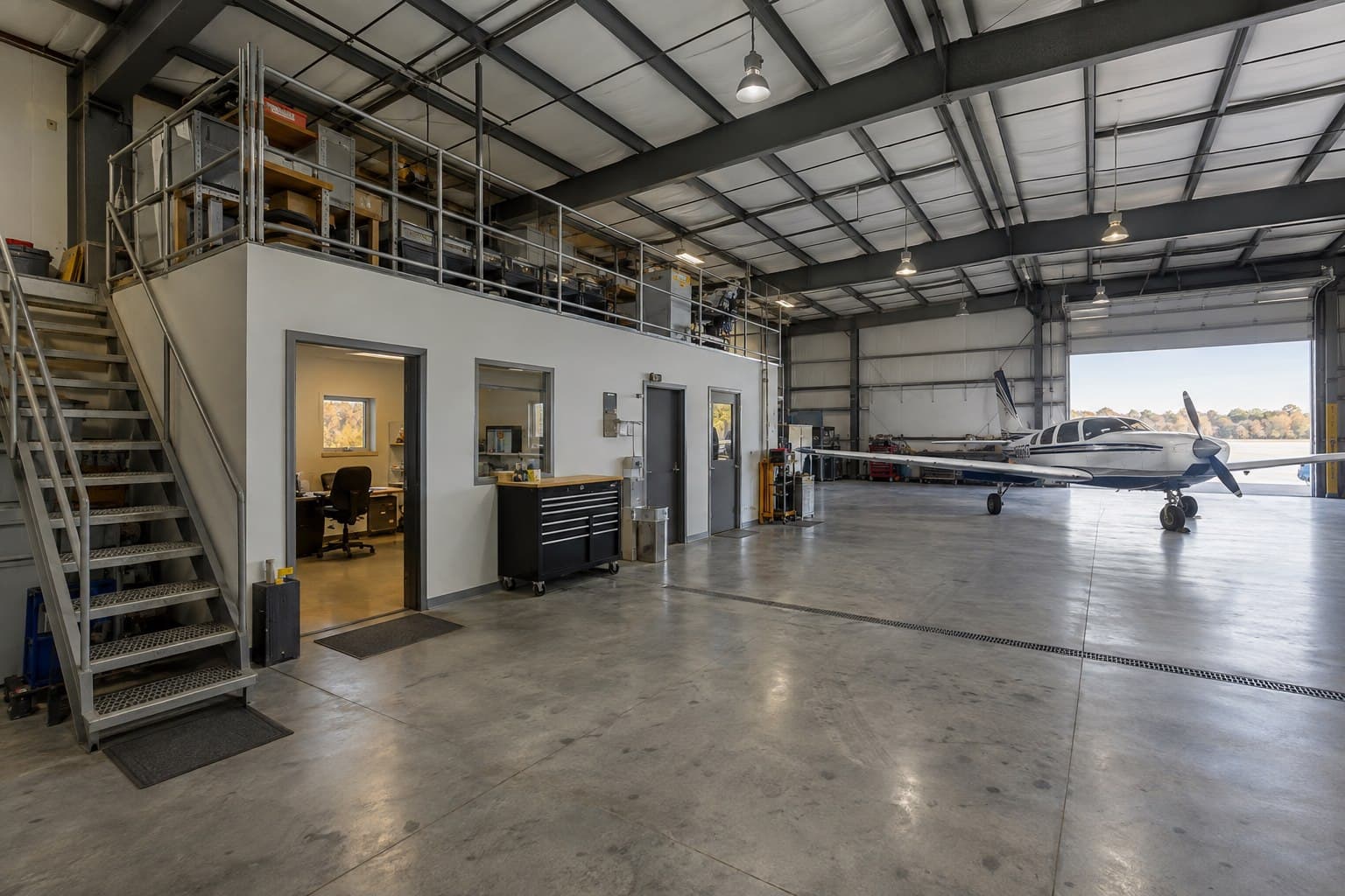 Aircraft hangar interior with an integrated workshop mezzanine