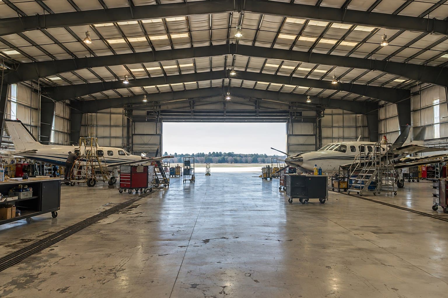 Working aircraft maintenance hangar with technicians and service equipment