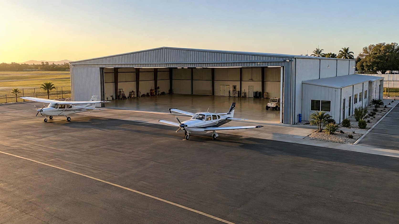 Completed light-aircraft hangar with a wide sliding door and side service annex