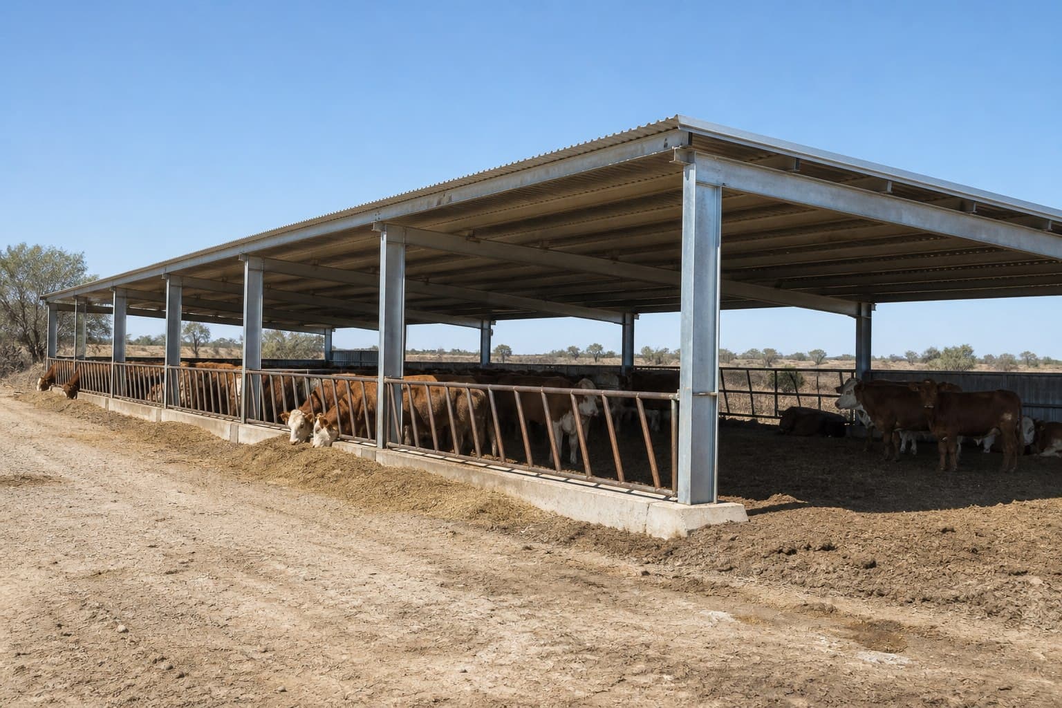 Open-sided cattle shelter photographed in a warm dry rural setting