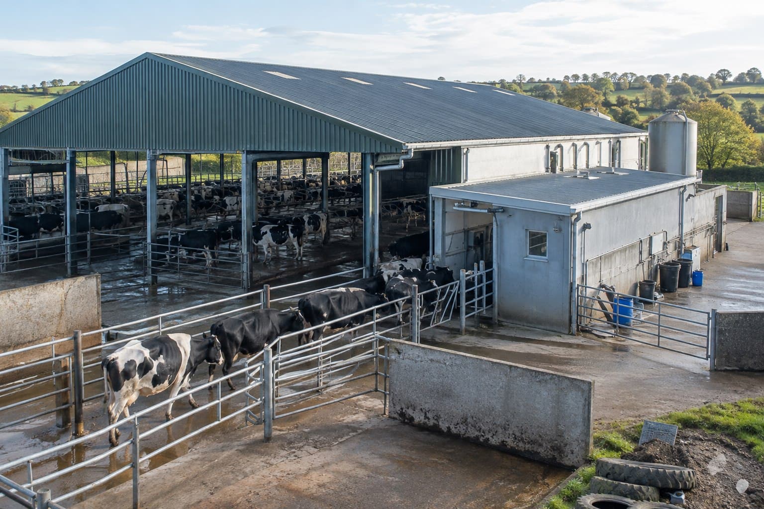 Livestock barn with a connected milking and service annex