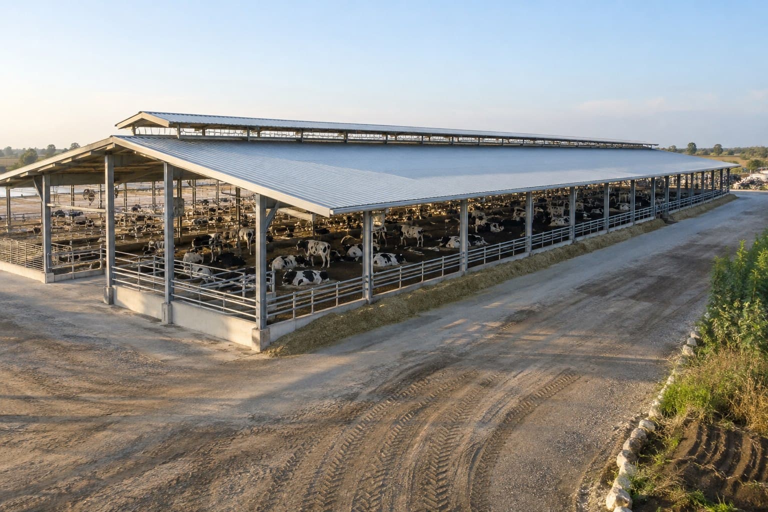 Completed long open-sided dairy barn with cattle and a central feed route