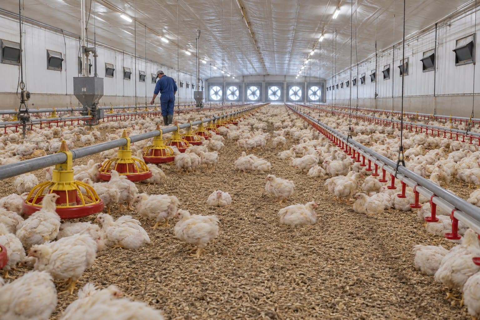 Enclosed climate-controlled broiler house with fans, feeders and drinkers