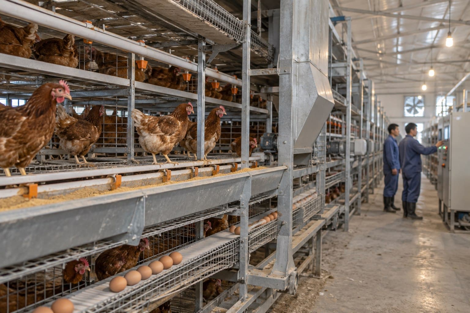 Modern steel layer house with tiered poultry equipment and egg conveyors