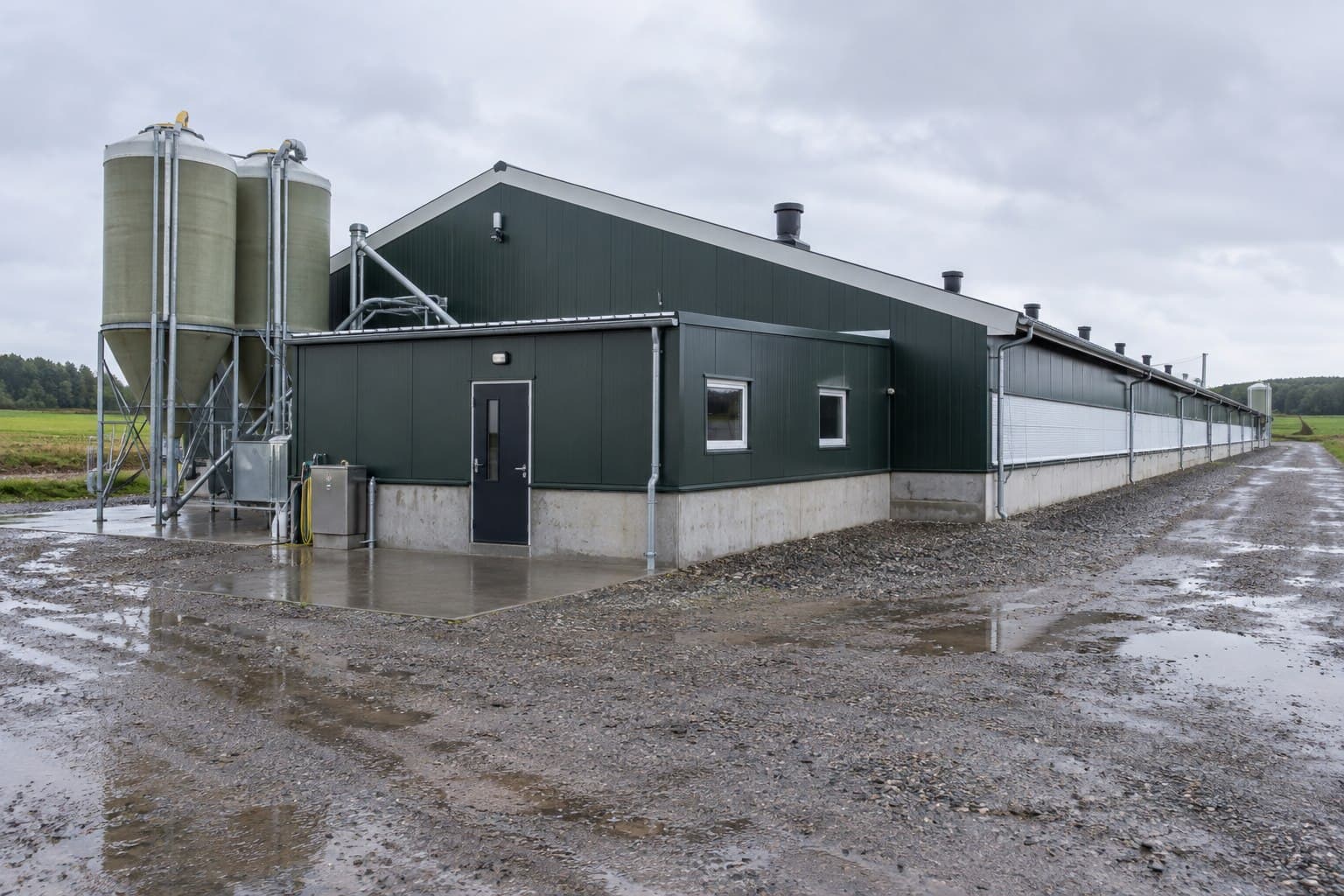 Enclosed poultry house with attached service room and external feed silos