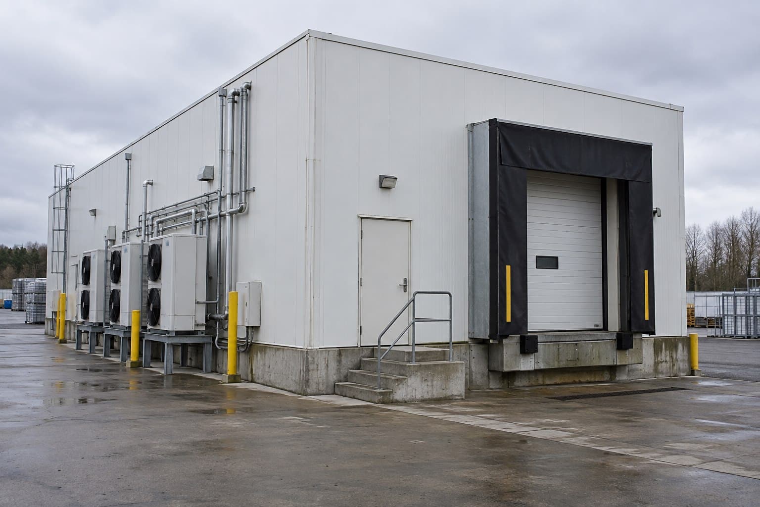 Insulated prefabricated steel building with refrigeration equipment and loading dock