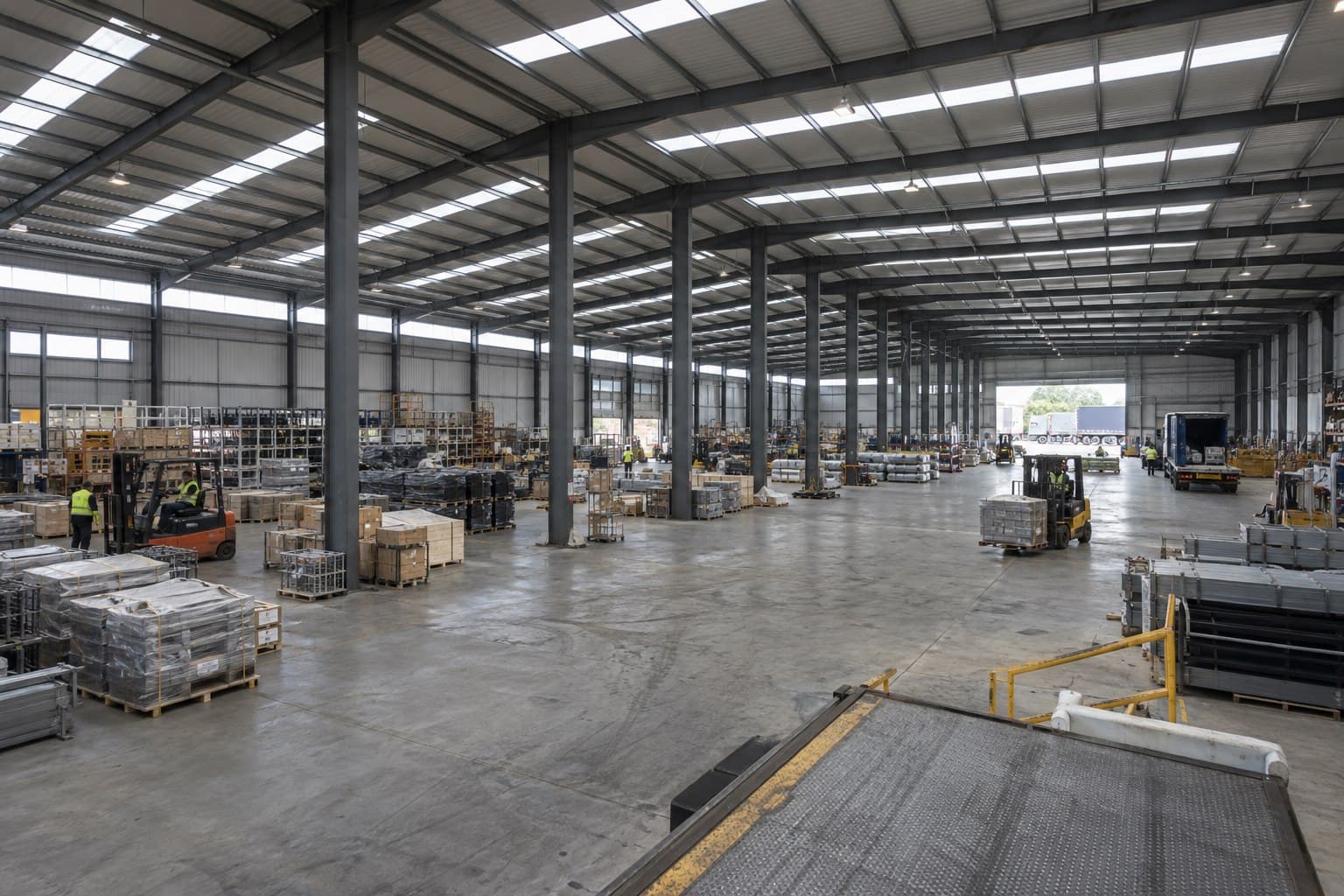 Large multi-span prefabricated steel hall with active logistics operations