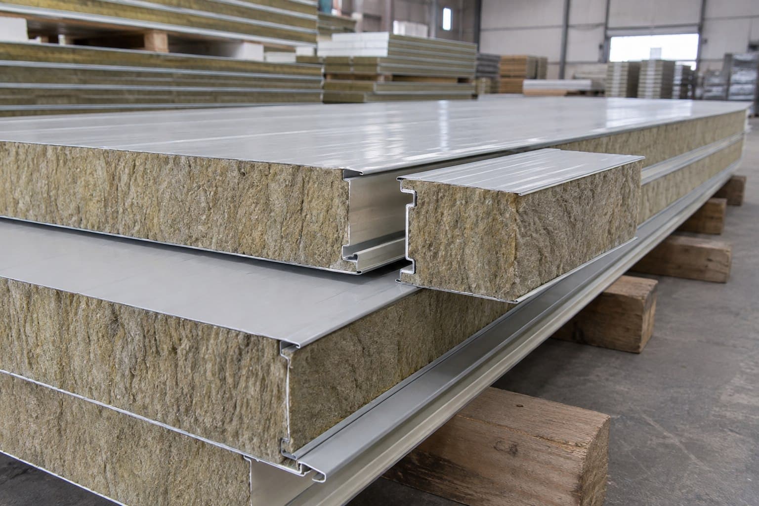 Close view of stacked rock wool sandwich panels showing the mineral wool core and metal joints