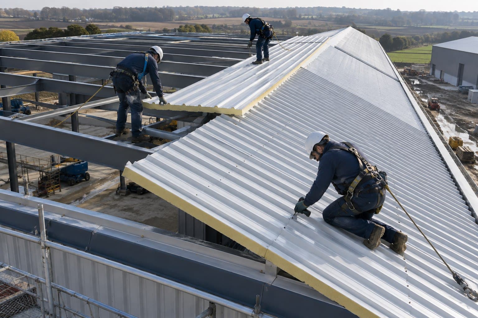 Installers fixing long insulated roof panels to a steel building roof