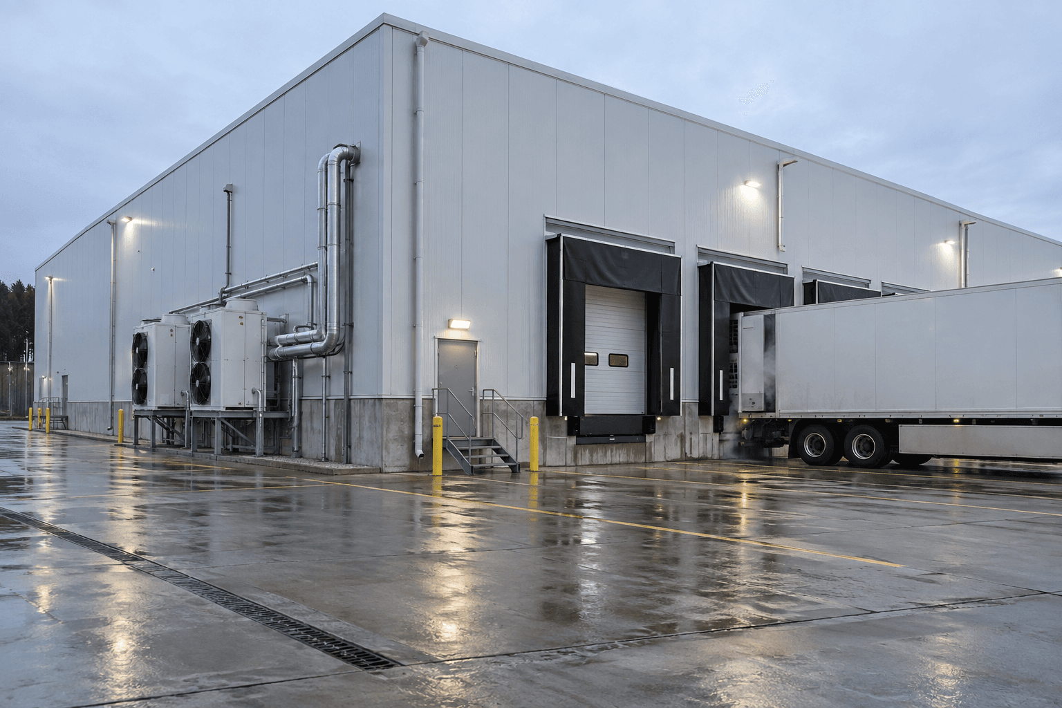 Insulated temperature-controlled warehouse with sandwich-panel envelope
