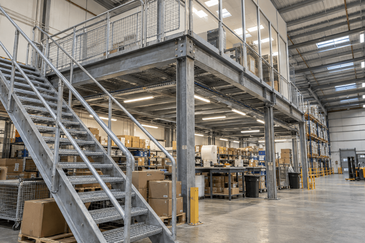 Working steel warehouse with an integrated storage and office mezzanine