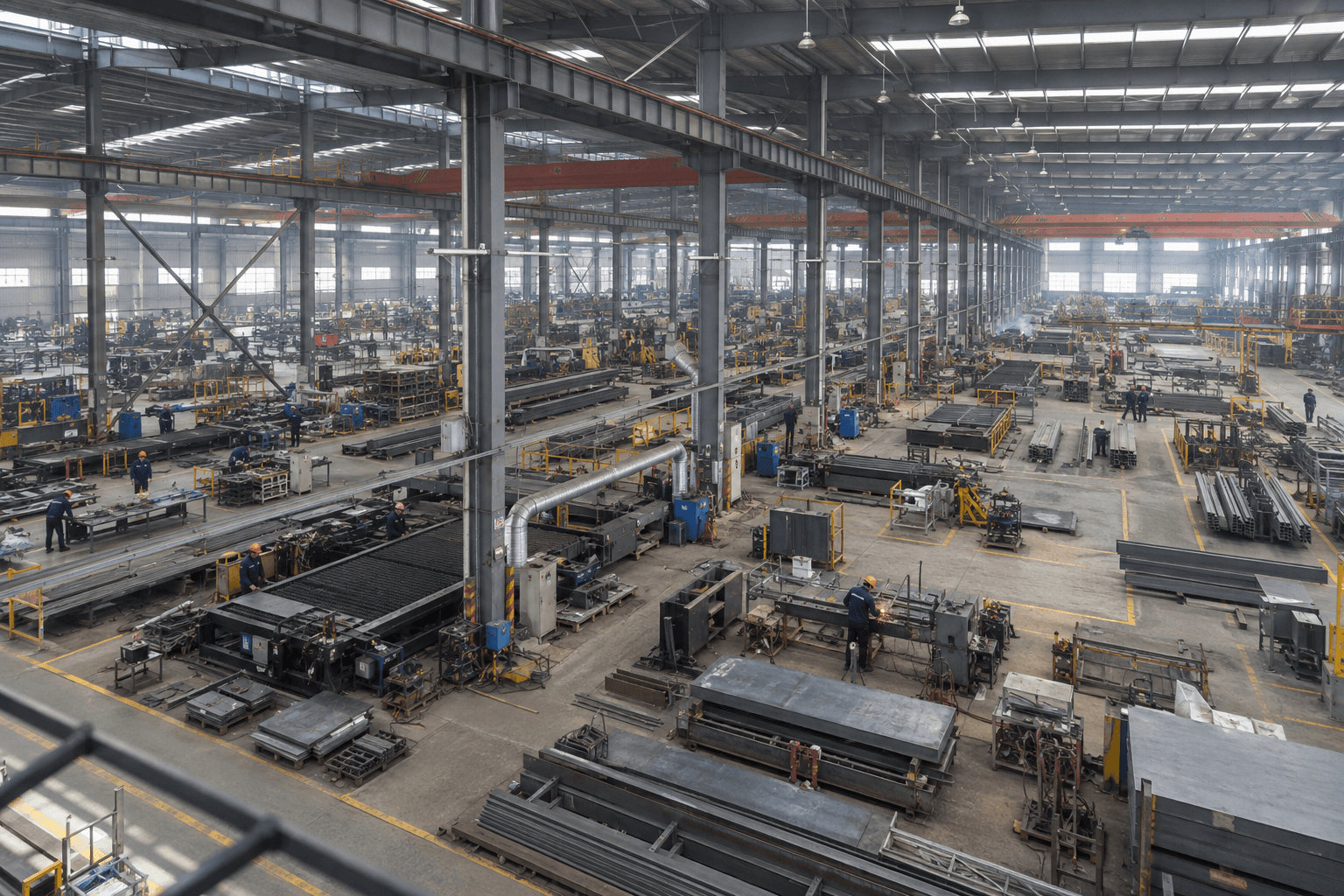 Large multi-span manufacturing workshop arranged around internal column grids