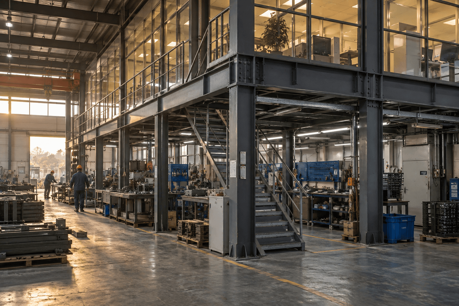 Working steel workshop with an integrated office and production mezzanine
