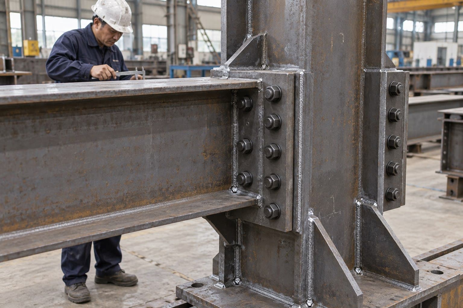 Technician checking bolted structural steel connection plates during quality control