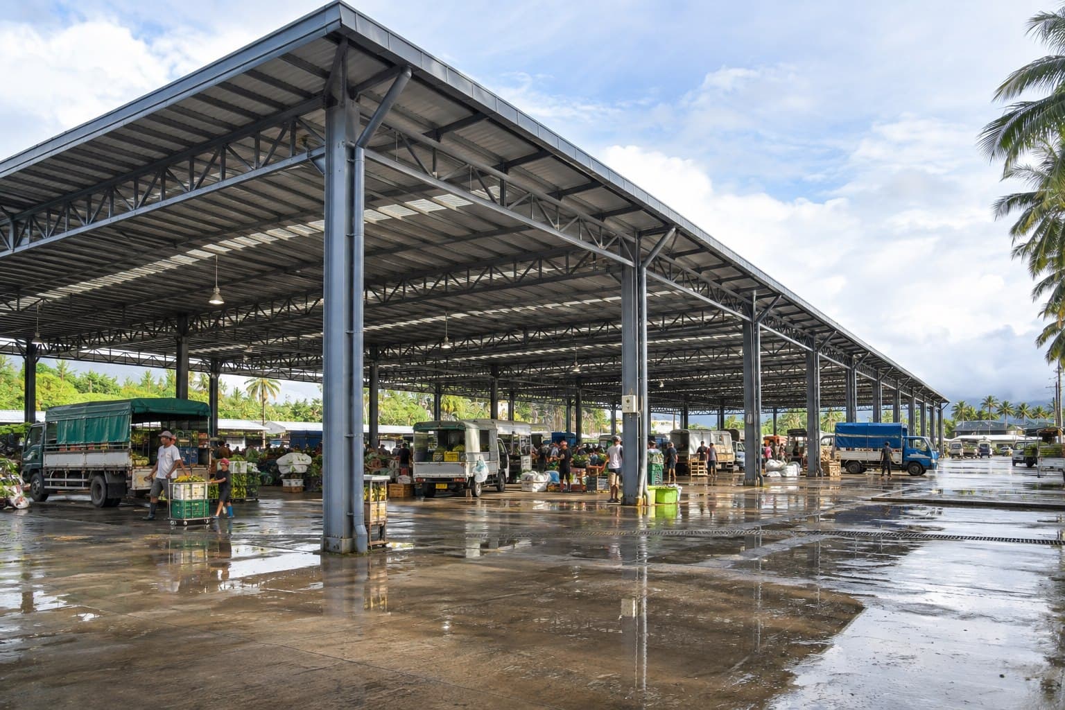 Completed open-sided long-span steel market hall in a tropical setting