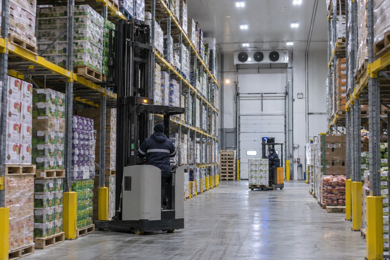 Operating refrigerated warehouse with pallet racking, produce and electric forklifts