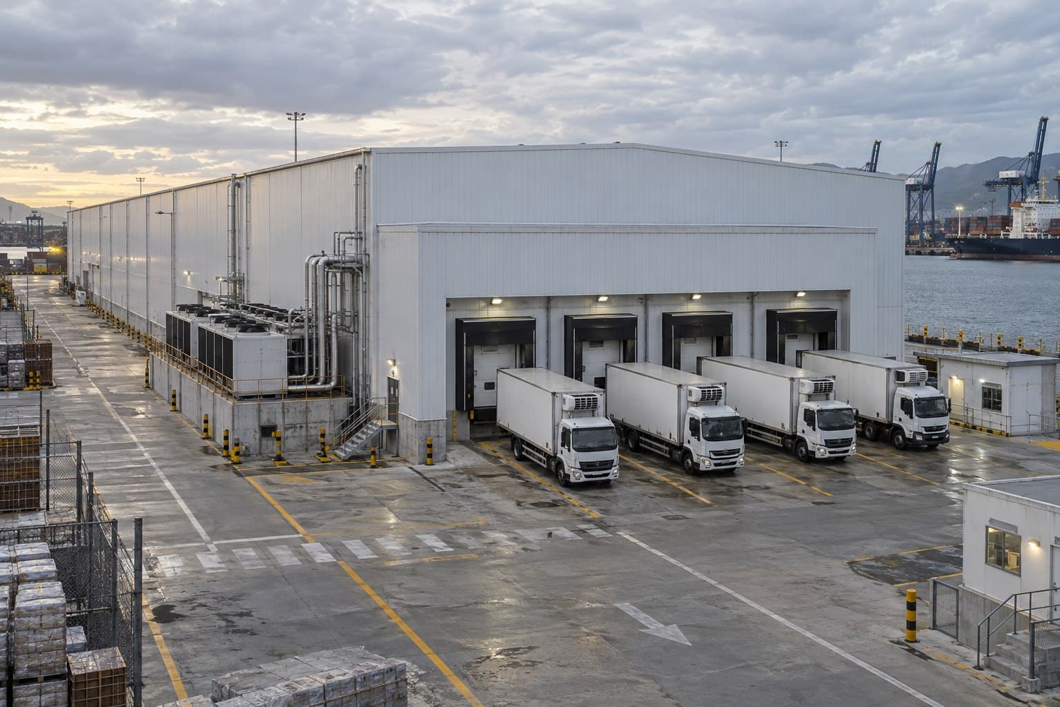 Completed port-side cold storage distribution center with refrigerated trucks and condensers