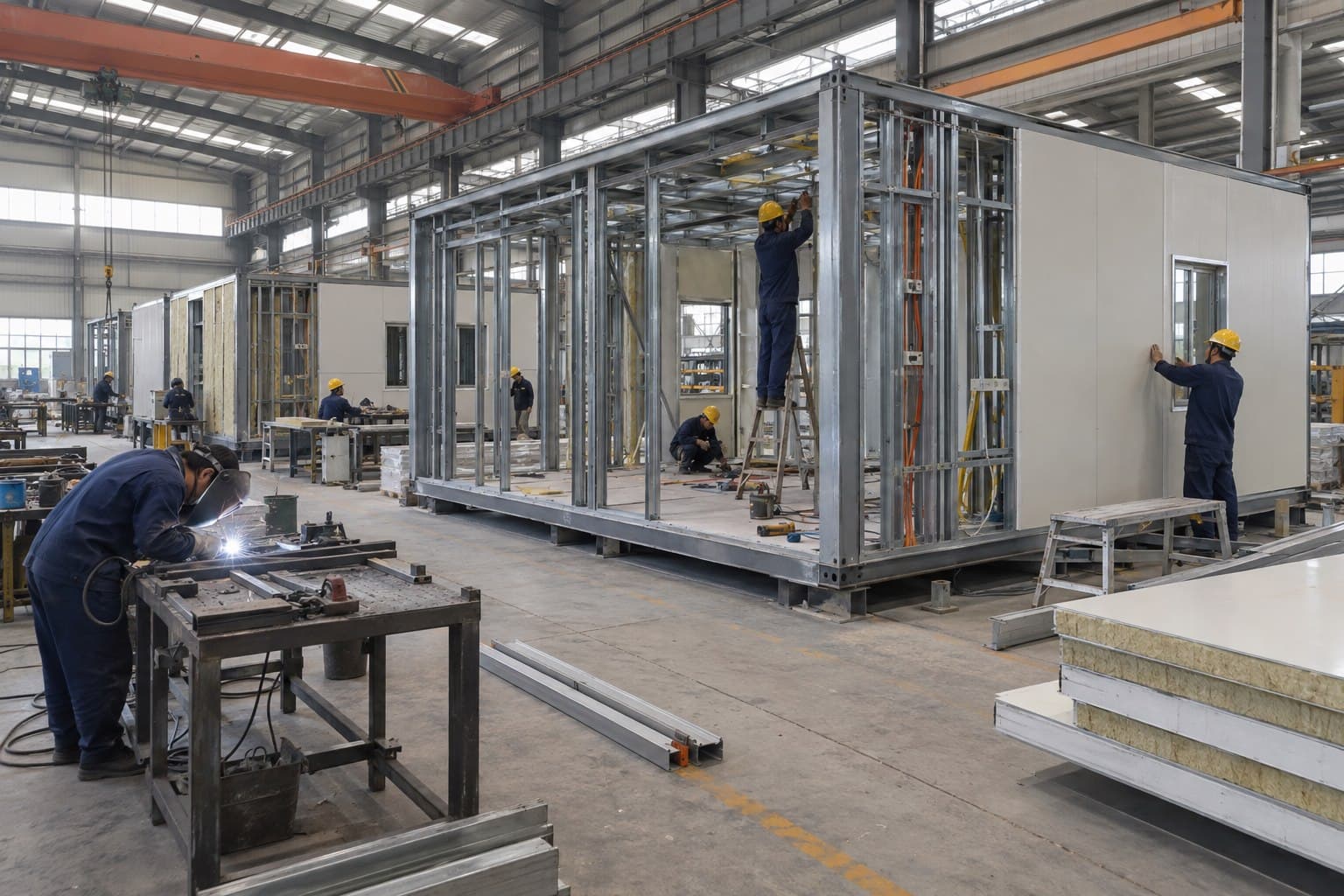 Chinese workers assembling steel module frames, wall panels and electrical services inside a modular building factory