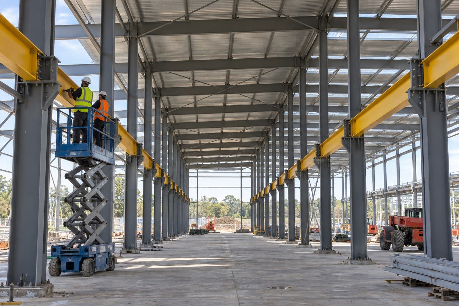 Overhead crane runway beams and brackets being checked inside a steel factory