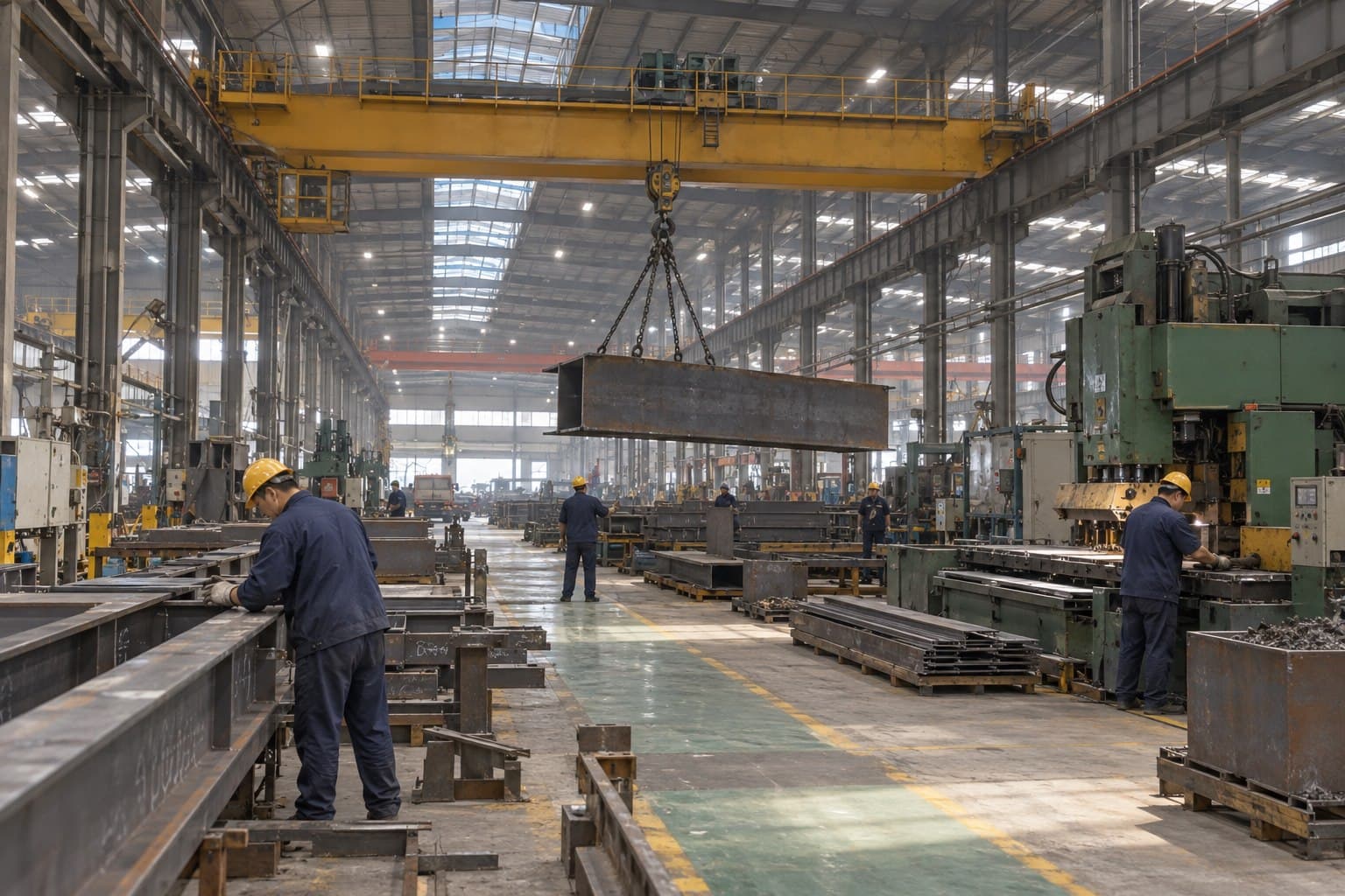 Operating heavy industrial factory with overhead cranes and large production equipment