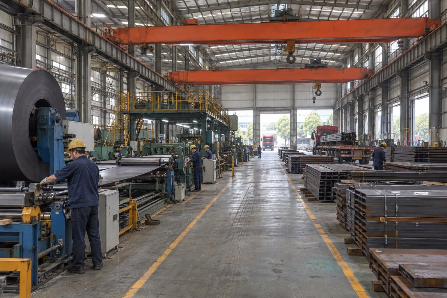 Operating steel processing factory with production line, coils and overhead handling