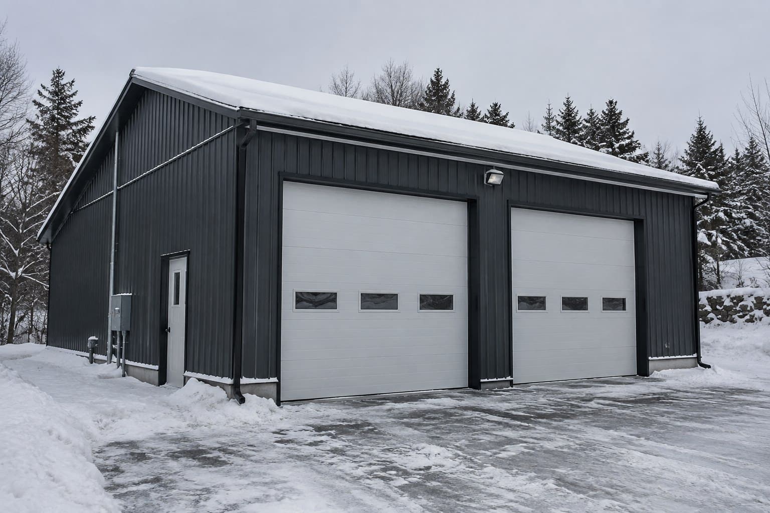 Completed insulated two-bay steel garage in a snowy climate
