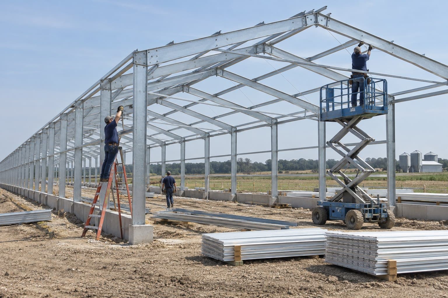 Long galvanized steel poultry-house frame being assembled on a farm site