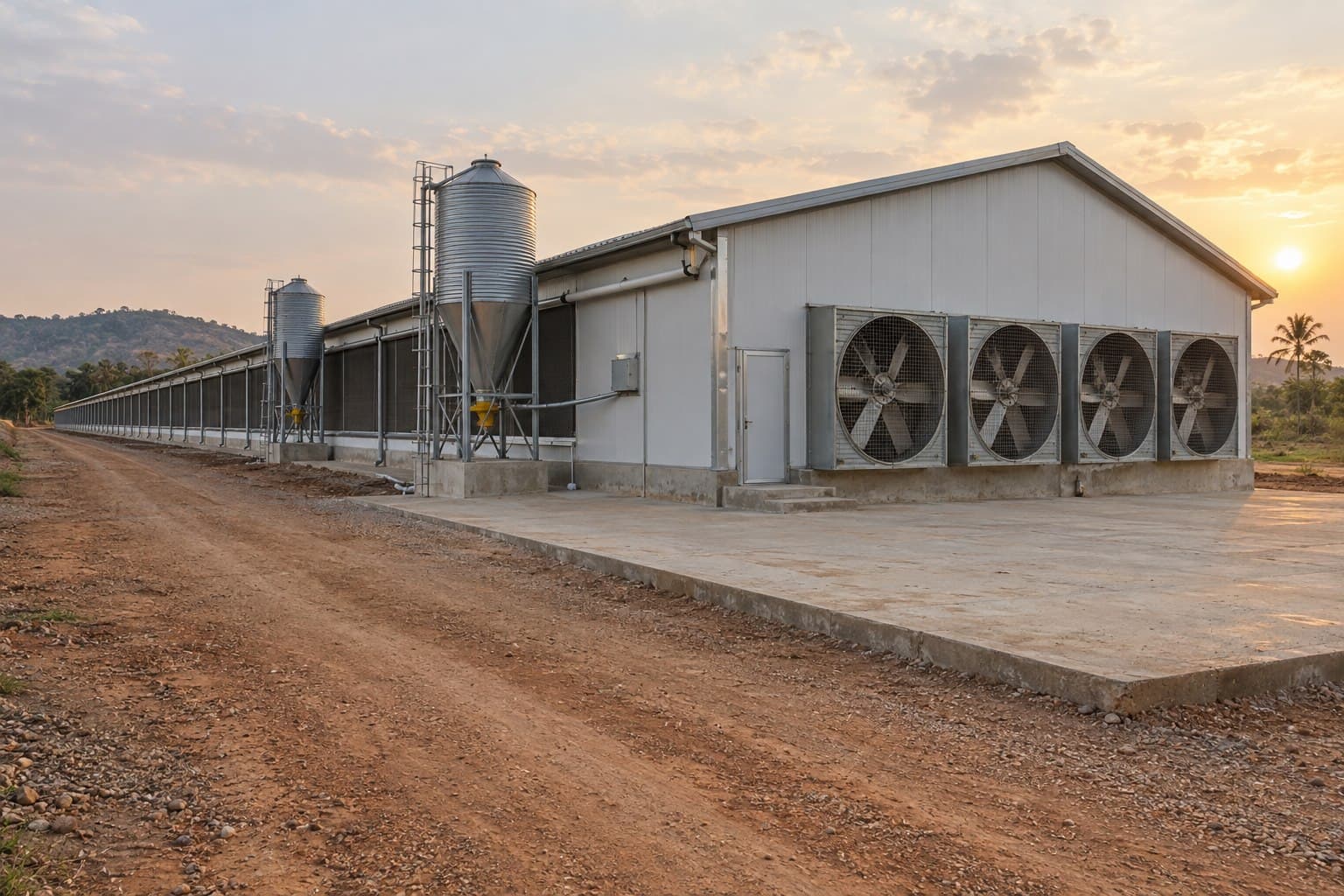 Completed enclosed poultry house with exhaust fans, feed silos and service access