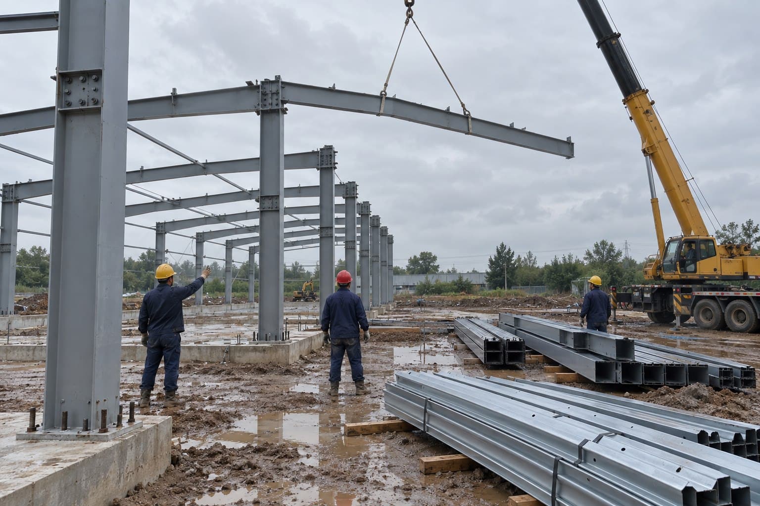 Prefabricated steel portal frames and marked members being erected on site