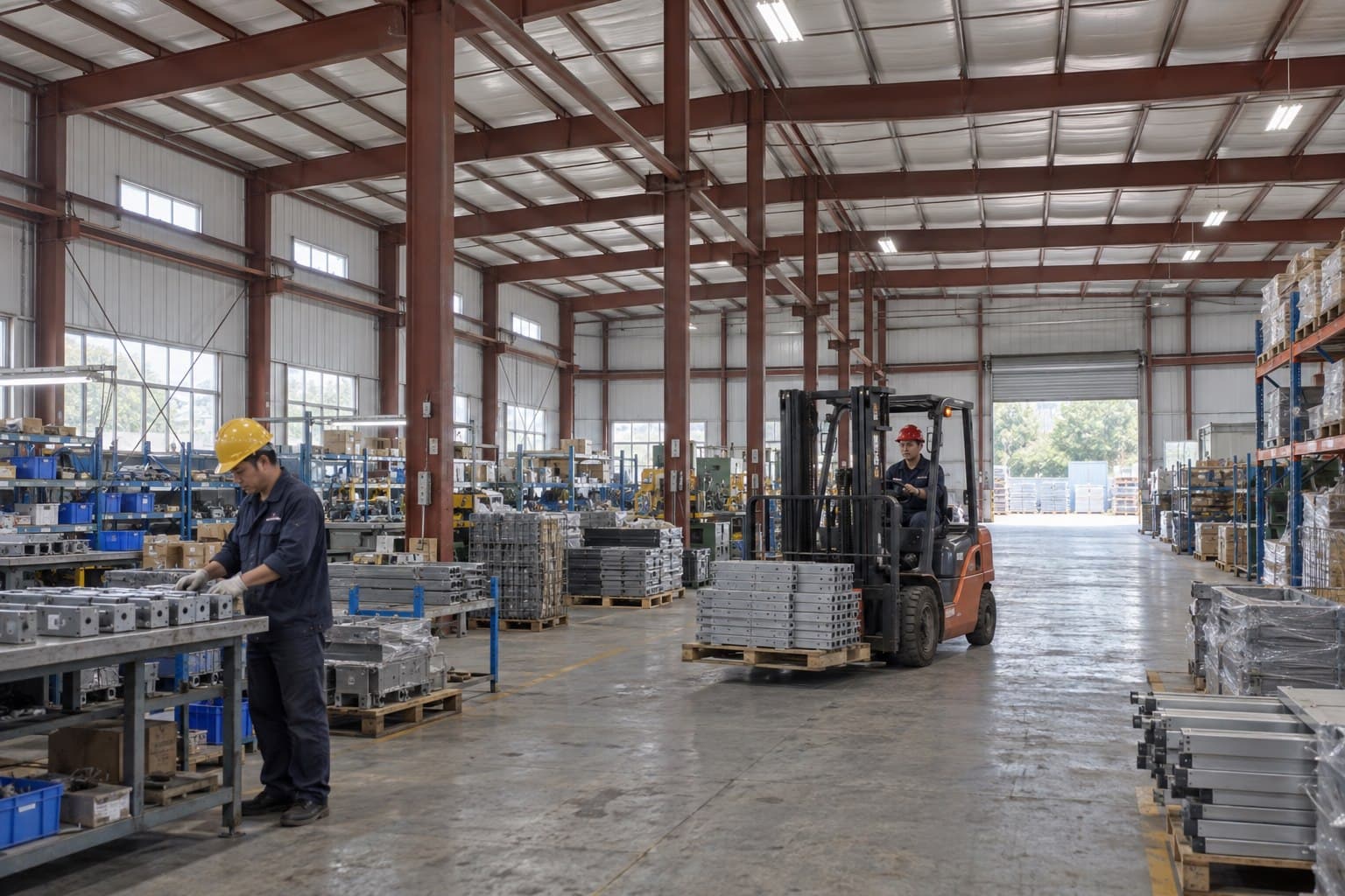 Operating prefabricated steel building used for light assembly and parts handling