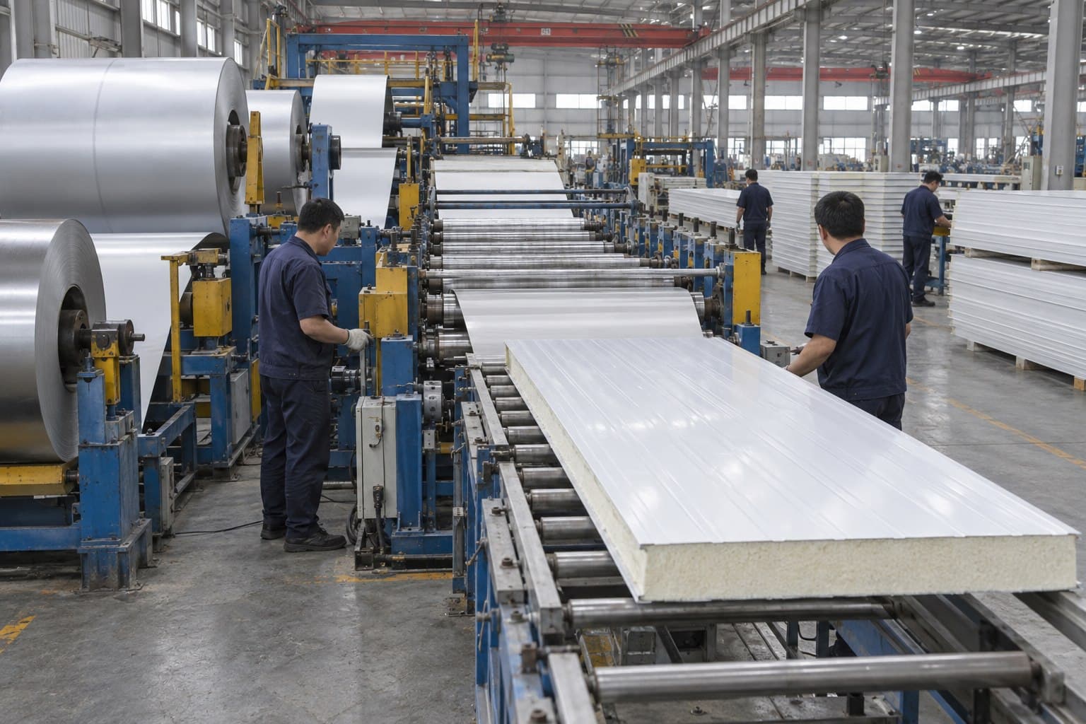 Metal sandwich panel production line operating inside a large factory
