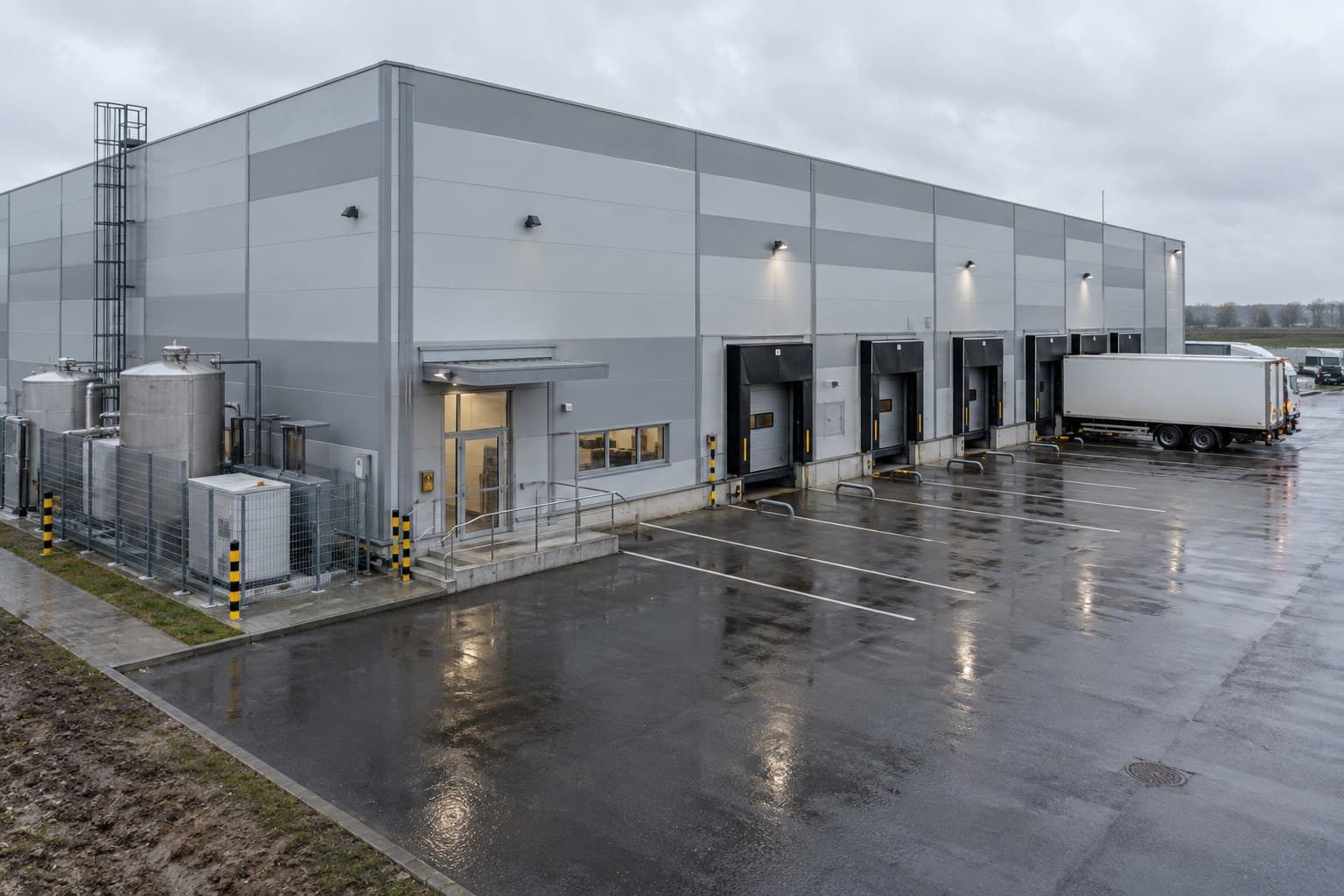 Completed food processing and logistics building clad with grey insulated sandwich panels