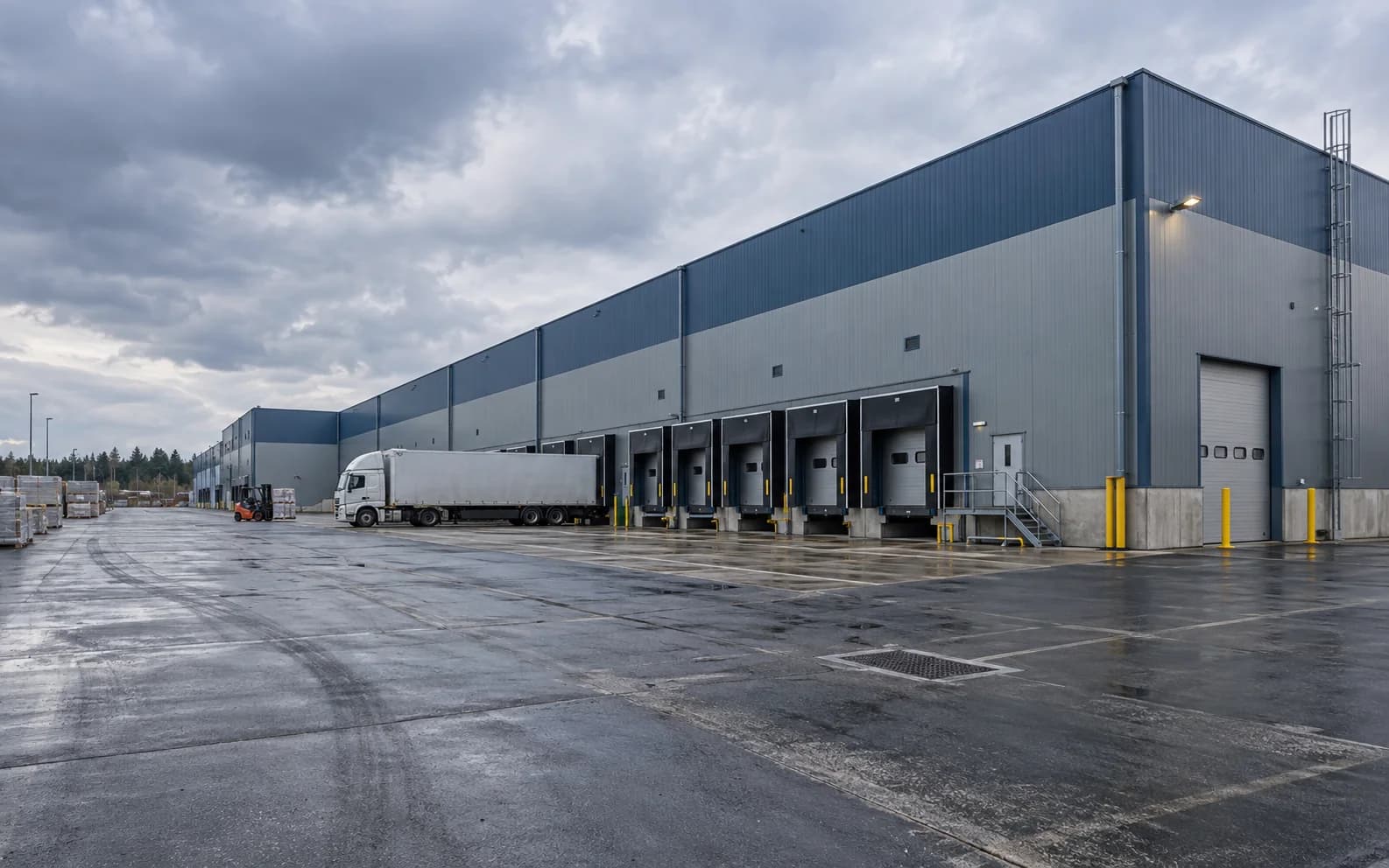 Completed steel structure logistics warehouse with loading docks
