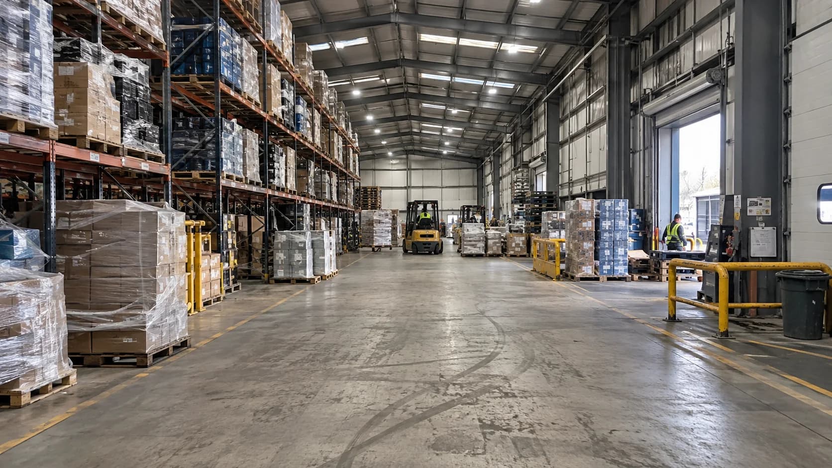 Interior of a steel warehouse with clear operating space