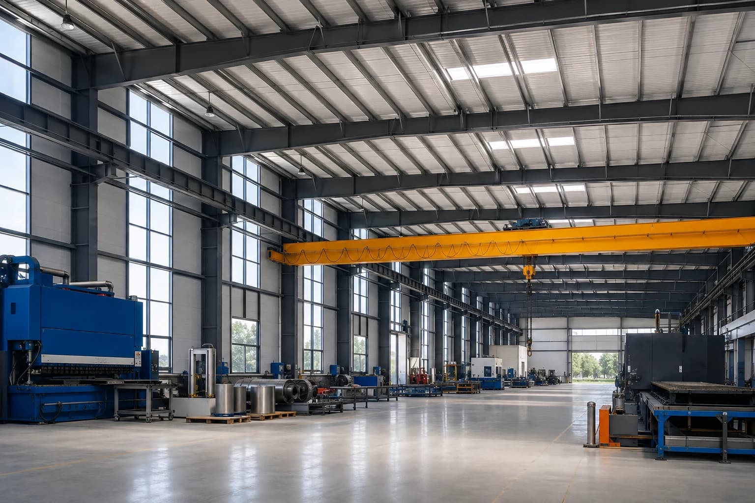 Operating industrial steel workshop with overhead crane and production equipment